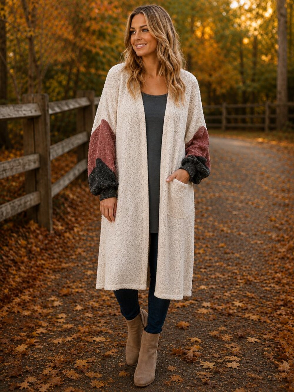 FANTASTIC FAWN Long Slve Open Frnt No Closure Creamw/Gold Thead Midi Cardigan S